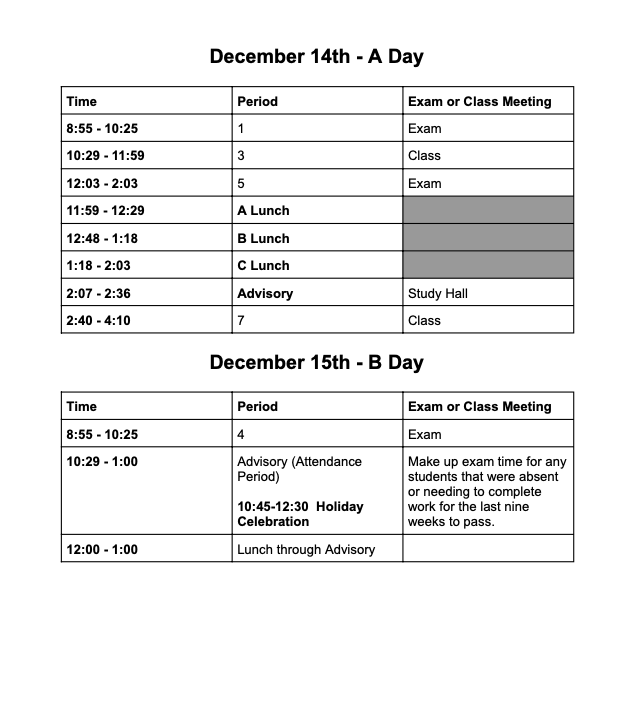  Semester Exam Schedule